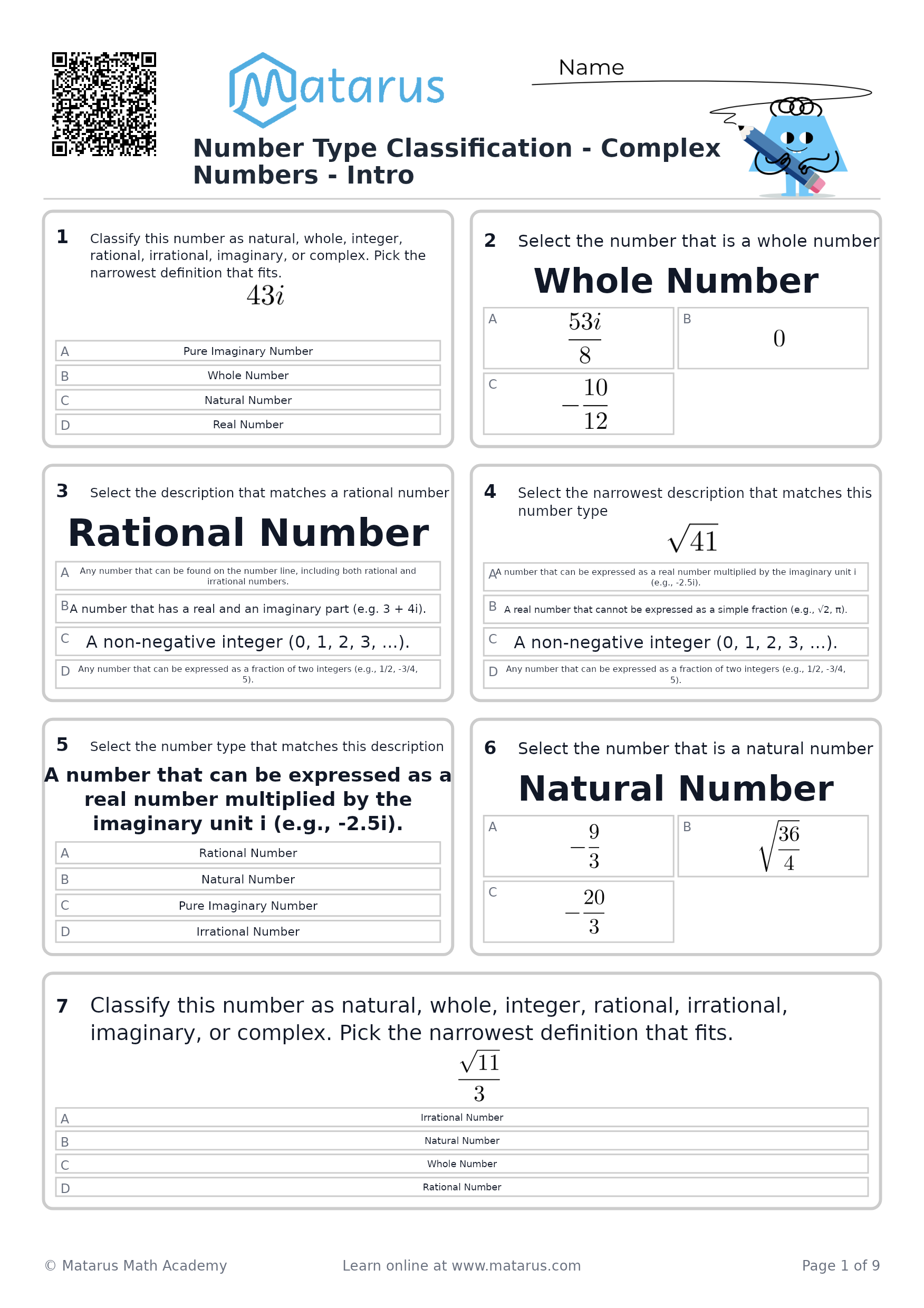 Number Types (Complex) - Classification to Set Builder Letter - Real, Imaginary, and Complex Numbers worksheet preview